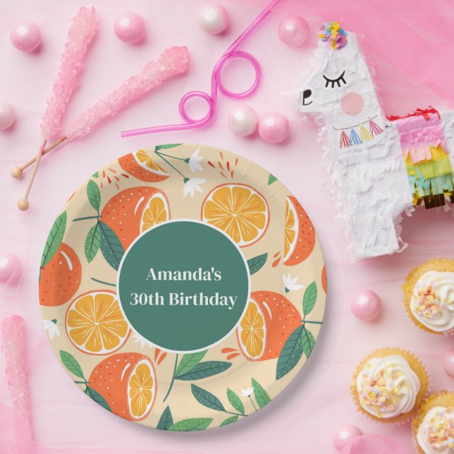 Orange Citrus Fruit Retro Pattern Birthday Paper Plate (Party)