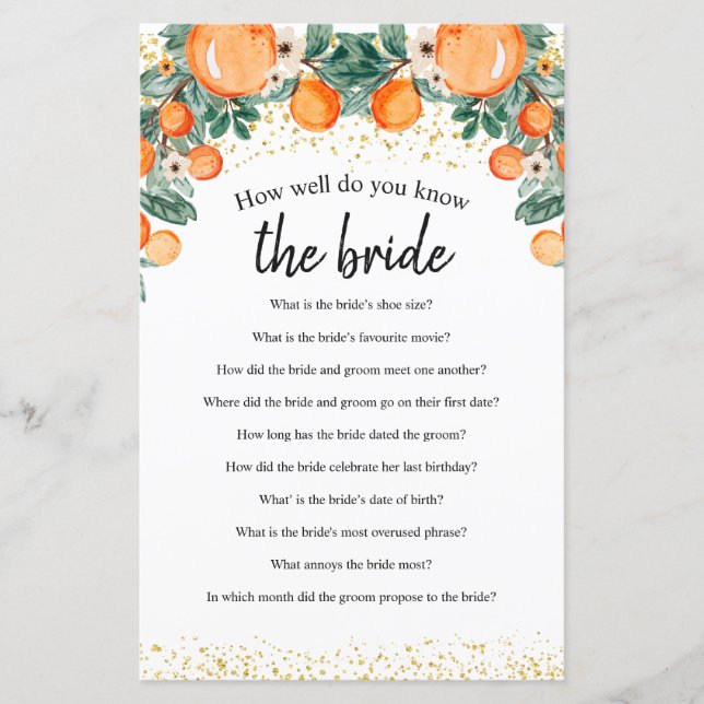 Orange Citrus How well do you know The Bride Game (Front)