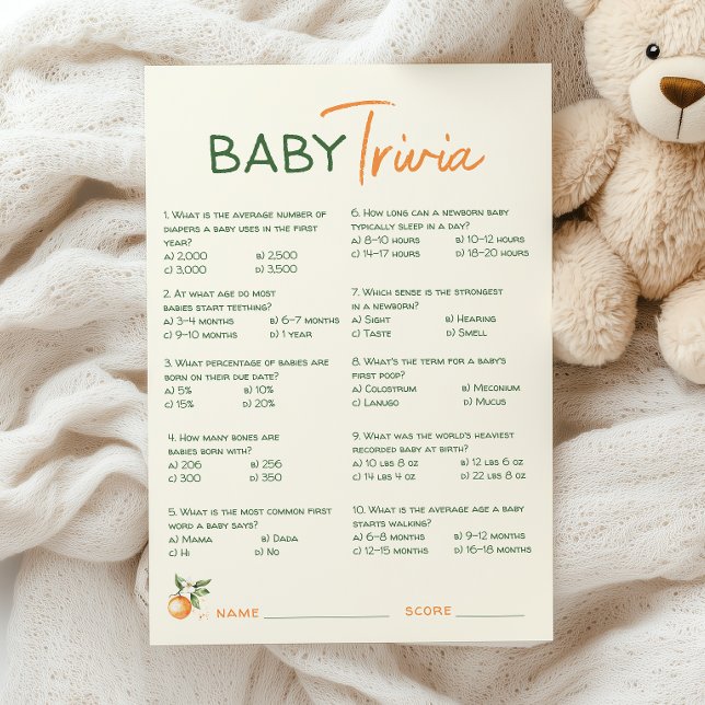 Orange Citrus Little Cutie Baby Shower Trivia Card (Creator Uploaded)