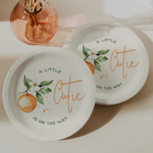 Orange Citrus Little Cutie On The Way Baby Shower Paper Plate