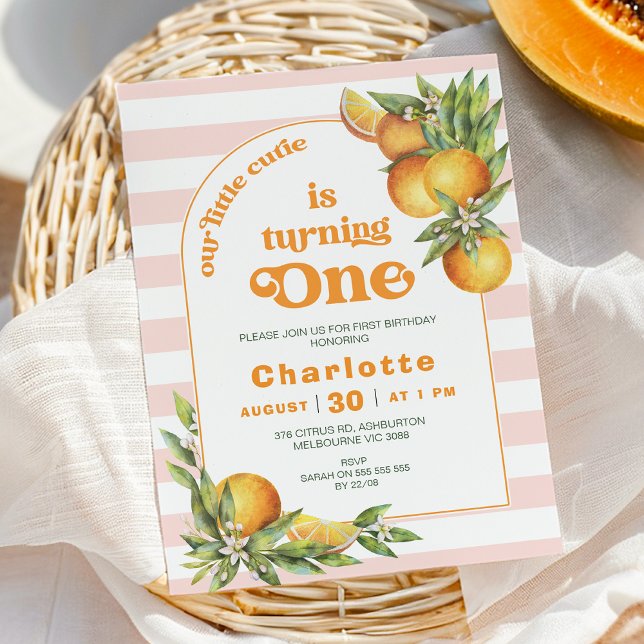 Orange Citrus Little Cutie One 1st Birthday Invitation (Editable Our Little Cutie Birthday Invitation Girls Clementine Oranges Birthday Party Arch Stripe)