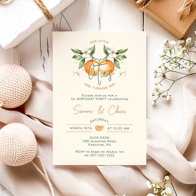 Orange Citrus Little Cuties Twin Birthday Party Invitation (Creator Uploaded)