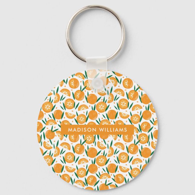 Orange Citrus Pattern Custom Name Aluminium  Key Ring (Front)