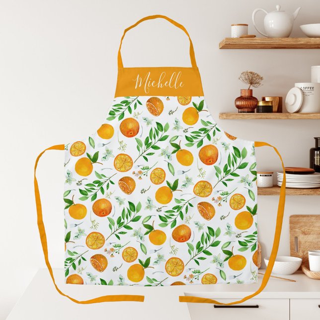 Orange Citrus Summer Floral Botanical Pattern Apron (In situ)