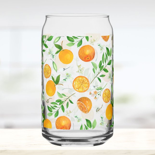 Orange Citrus Summer Floral Botanical Pattern Can Glass (In situ)