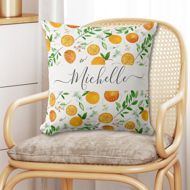 Orange Citrus Summer Floral Botanical Pattern Cushion (In situ)