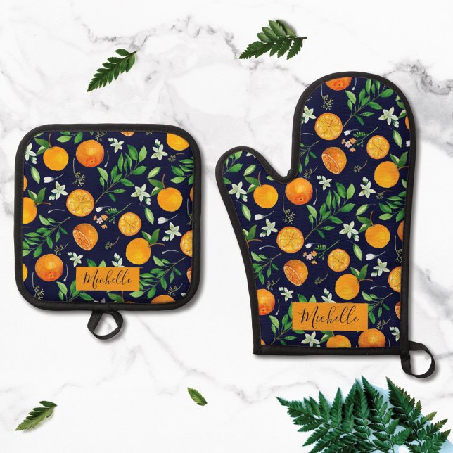 Orange Citrus Summer Floral Botanical Pattern Oven Mitt & Pot Holder Set (Close up)