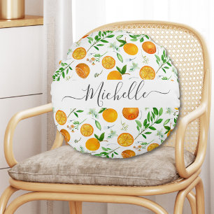 Orange Citrus Summer Floral Botanical Pattern Round Cushion