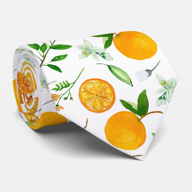 Orange Citrus Summer Floral Botanical Pattern Tie (Rolled)