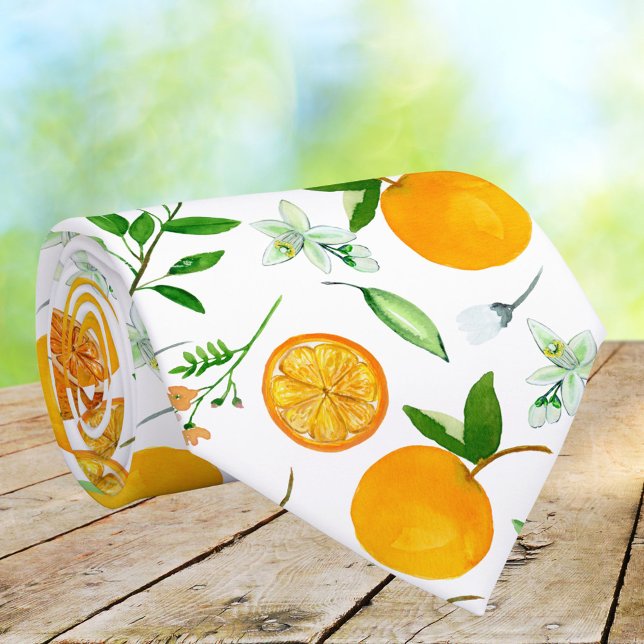 Orange Citrus Summer Floral Botanical Pattern Tie (Close up)