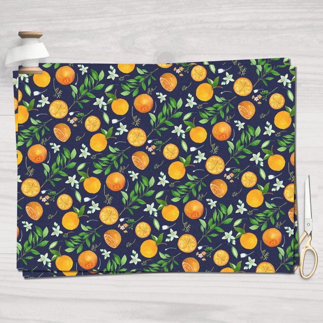 Orange Citrus Summer Floral Botanical Pattern Tissue Paper (In situ)