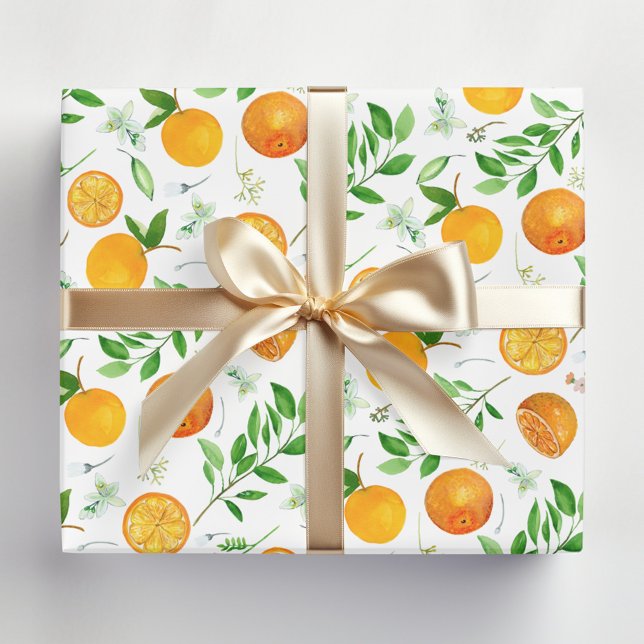 Orange Citrus Summer Floral Botanical Pattern Wrapping Paper (In situ)