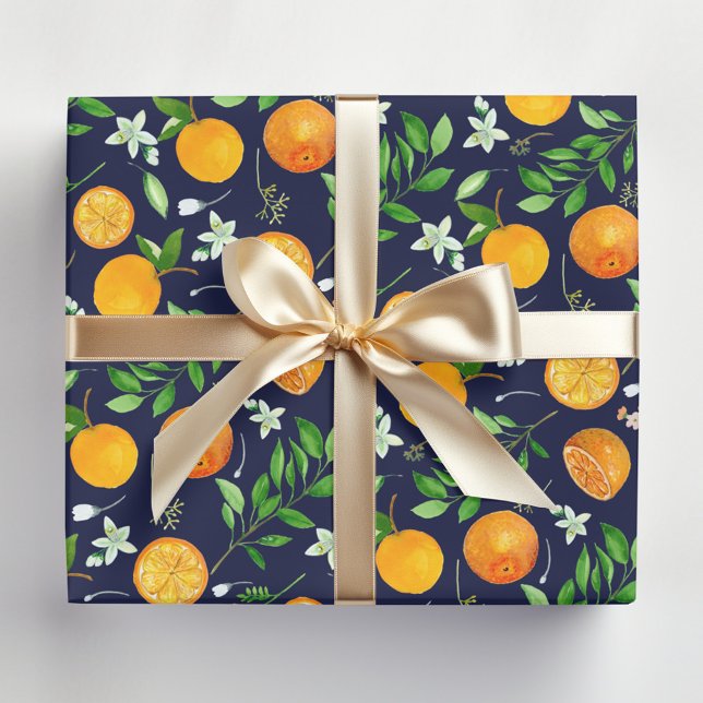 Orange Citrus Summer Floral Botanical Pattern Wrapping Paper Sheet (In situ)