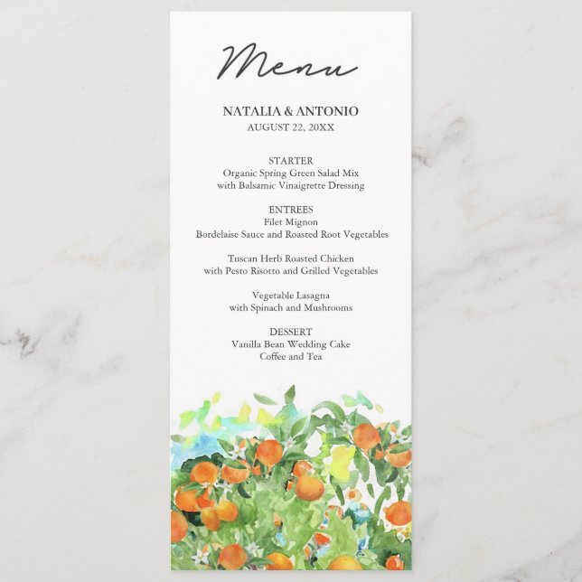 Orange Citrus Tree Blossom Watercolor Wedding Menu (Front)