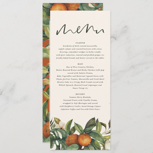 Orange citrus watercolor botanical floral wedding menu (Front/Back)