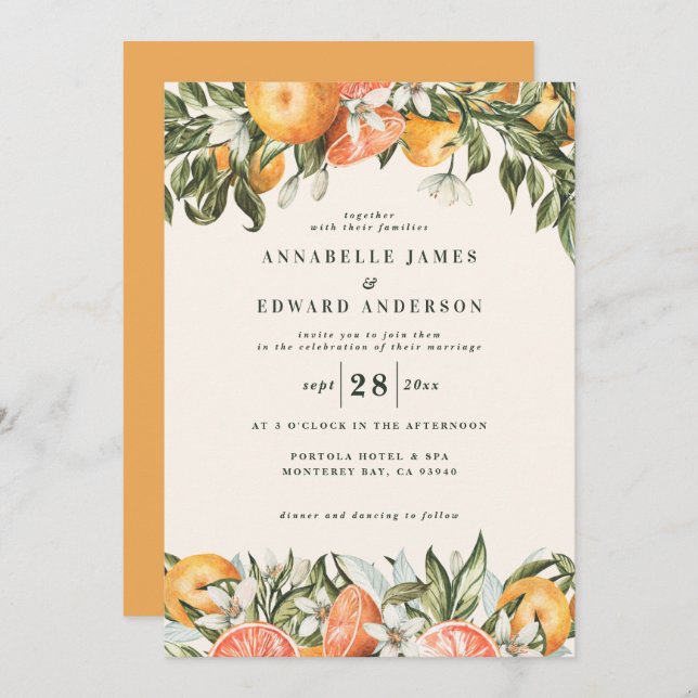 Orange citrus watercolor botanical modern wedding (Front/Back)
