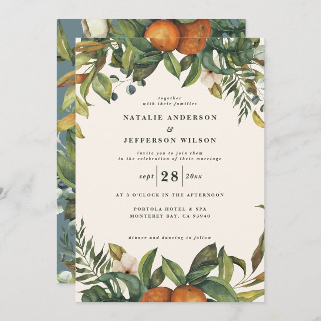 Orange citrus watercolor botanical modern wedding invitation (Front/Back)