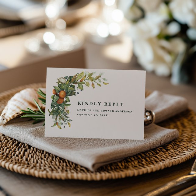 Orange Citrus Watercolor Botanical Wedding RSVP Card (Creator Uploaded)