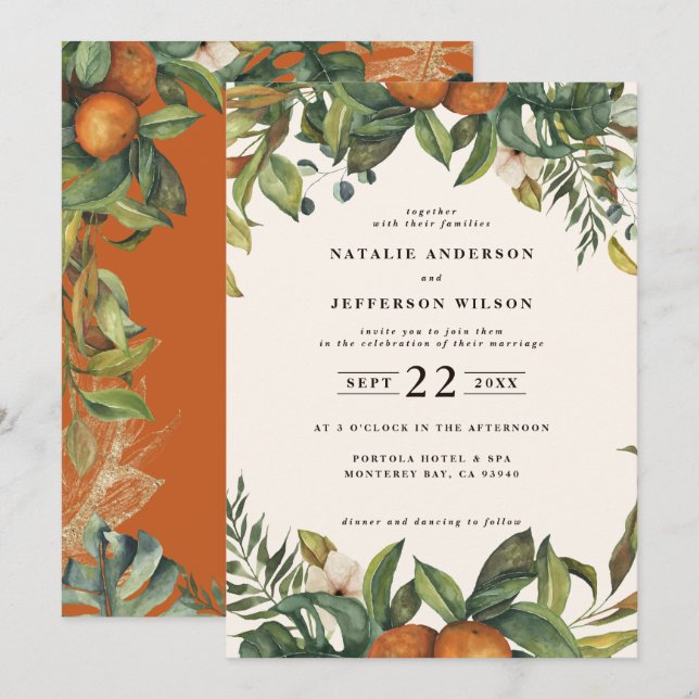 Orange citrus watercolor botanical wedding save the date (Front/Back)