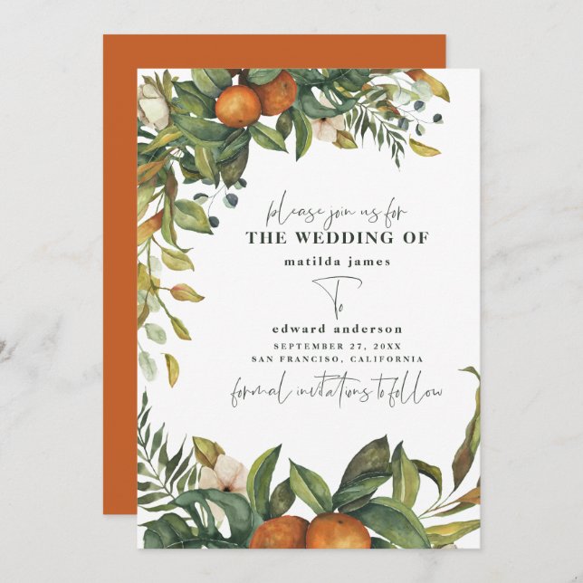Orange citrus watercolor botanical wedding save the date (Front/Back)