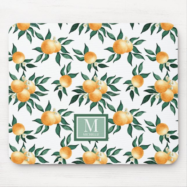 Orange Citrus Watercolor Monogram Name  Mouse Pad (Front)