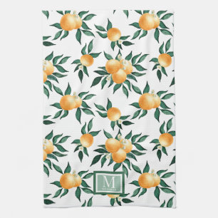 Orange Citrus Watercolor Monogram Name Tea Towel
