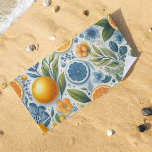Orange Citrus Whimsical Watercolor Fruit & Floral Beach Towel