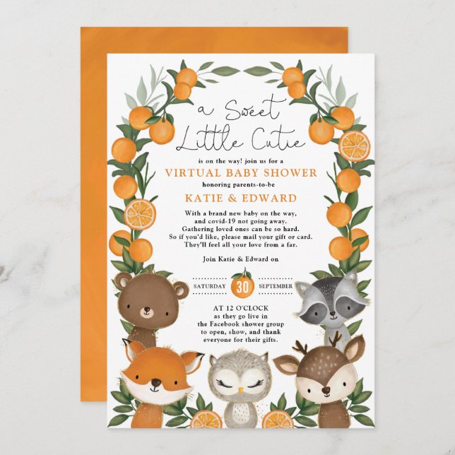 Orange Citrus Woodland Animals Virtual Baby Shower Invitation (Front/Back)