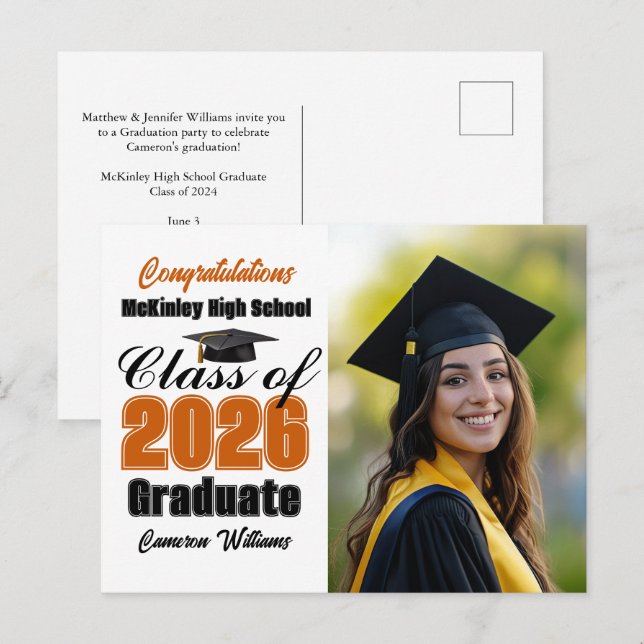Orange Class of 2026 Graduate Photo Graduation Announcement Postcard (Front/Back)