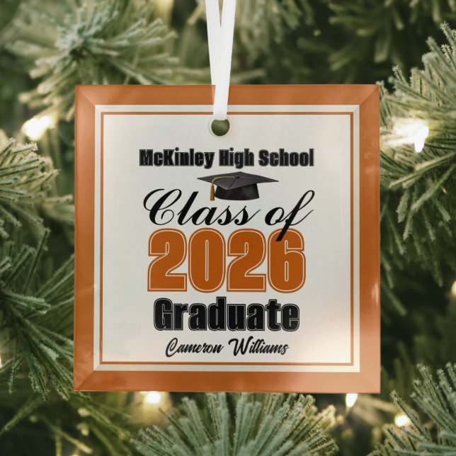 Orange Class of 2026 Graduation Custom Christmas Glass Tree Decoration (Insitu)