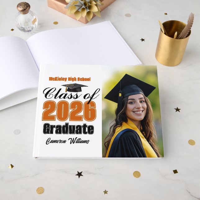 Orange Class of 2026 Graduation Photo Guest Book (Front Open)