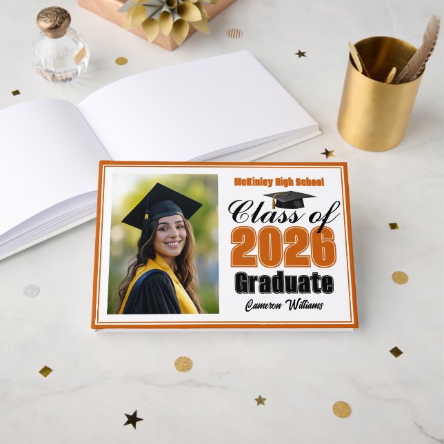 Orange Class of 2026 Photo Small Graduation Guest Book (Front Open)