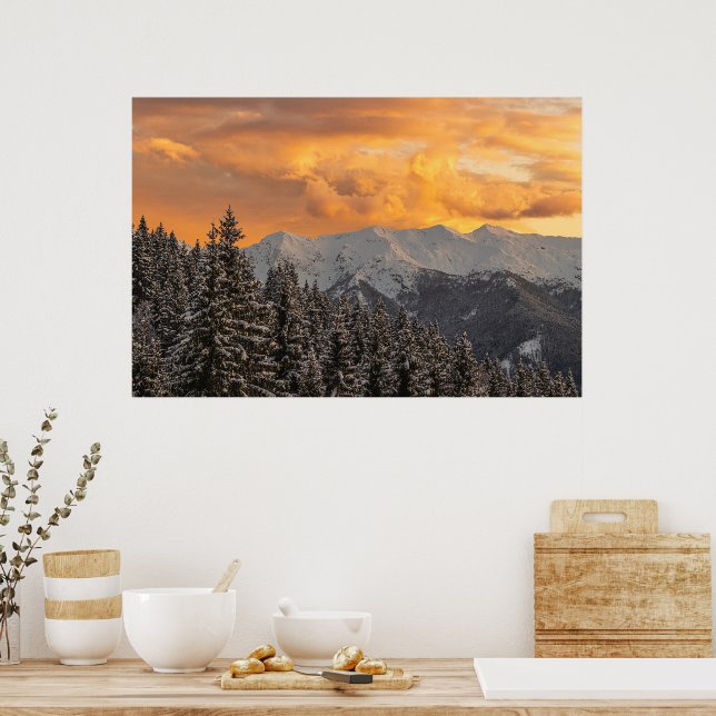 Orange clouds above mountains and spruce forest poster (Kitchen)