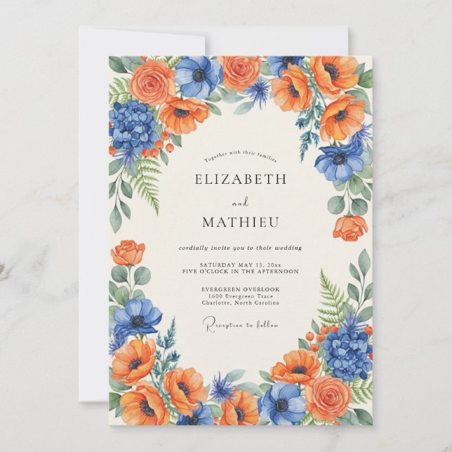 Orange Cobalt Poppy Wedding Invitation (Front)