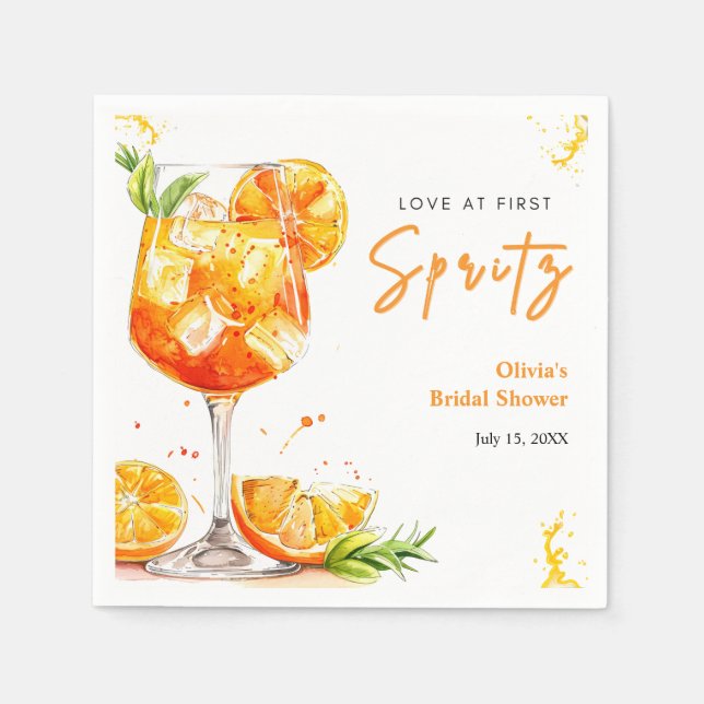 Orange Cocktail Love at First Spritz Bridal Shower Napkin (Front)