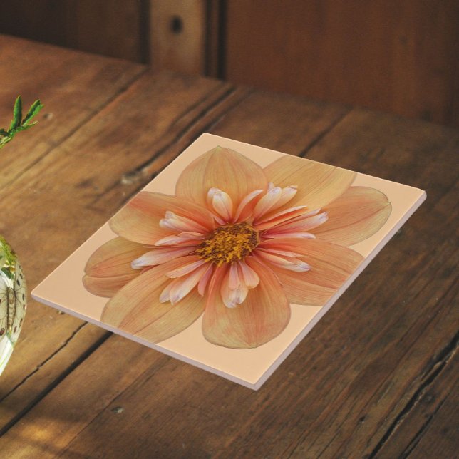 Orange Collarette Dahlia Floral Ceramic Tile (In Situ)