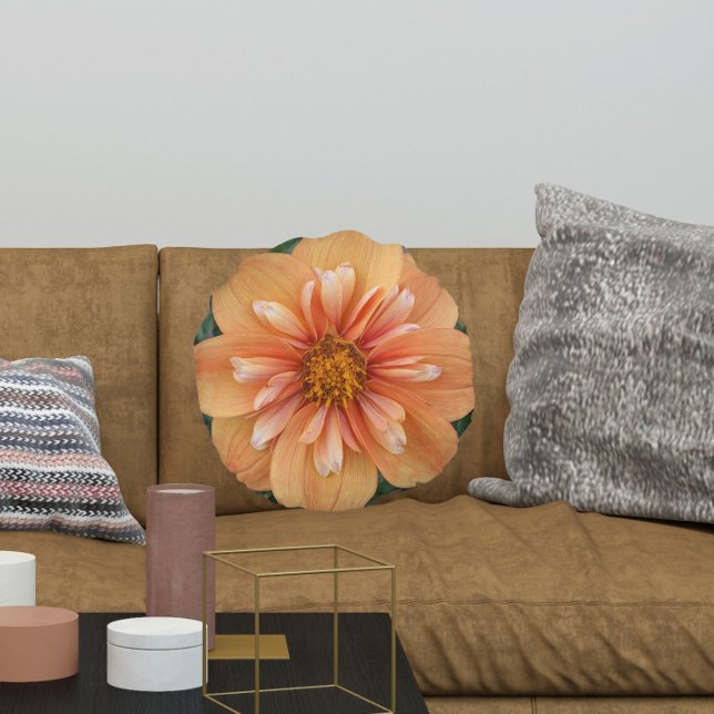 Orange Collarette Dahlia Floral Round Cushion (In Situ)