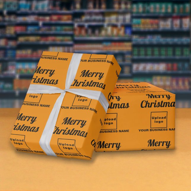 Orange Colour | Business | Christmas Wrapping Pape Wrapping Paper (Business name and logo with Merry Christmas greeting on orange color wrapping paper)