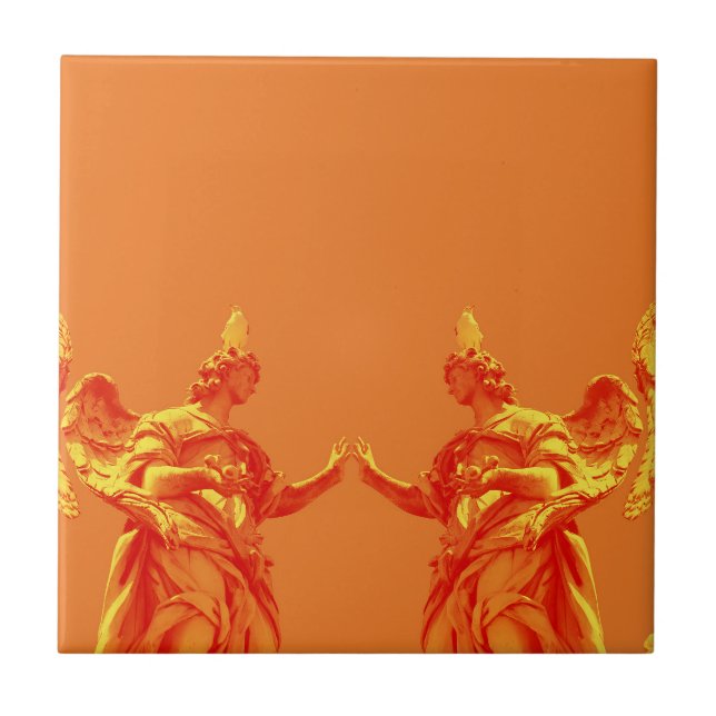 Orange colour digital art with sculptures ceramic tile (Front)