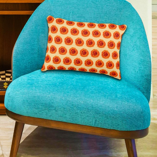 Orange Colour Rose Flower Seamless Pattern on Decorative Cushion (Orange color Rose flower seamless pattern on accent pillow)