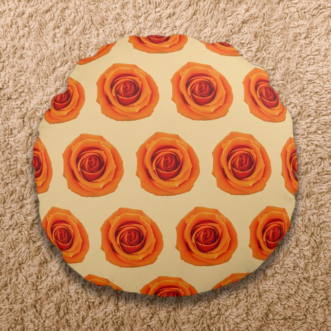 Orange Colour Rose Flower Seamless Pattern on Round Cushion (Orange color Rose flower seamless pattern on round throw pillow)