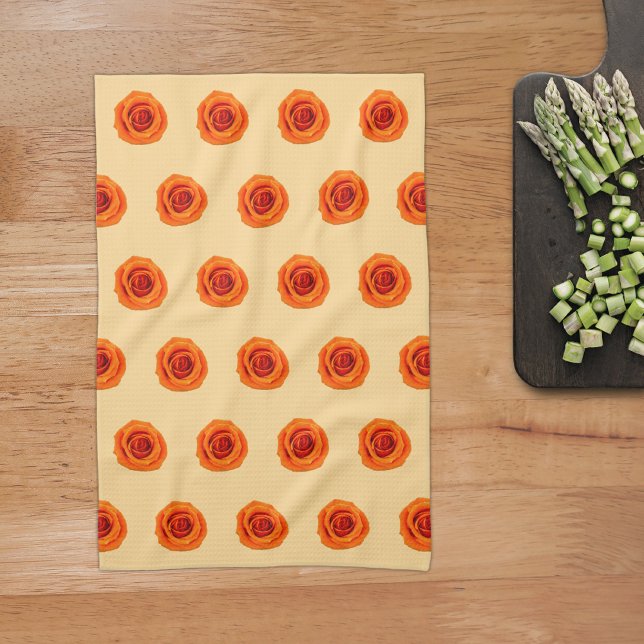 Orange Colour Rose Flower Seamless Pattern on Tea Towel (Orange Rose flower seamless pattern on kitchen towel)