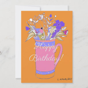 Orange Colourful Happy Birthday Flowers In Mug Holiday Card