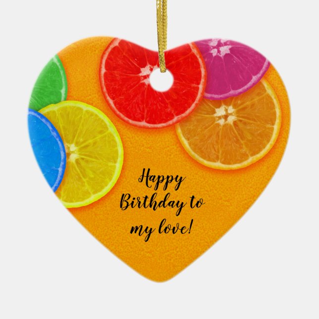 Orange colourful slices Birthday Ceramic Tree Decoration (Front)