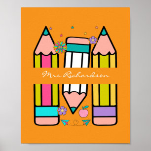 Orange Colourful Teacher Cartoon Pencil Poster