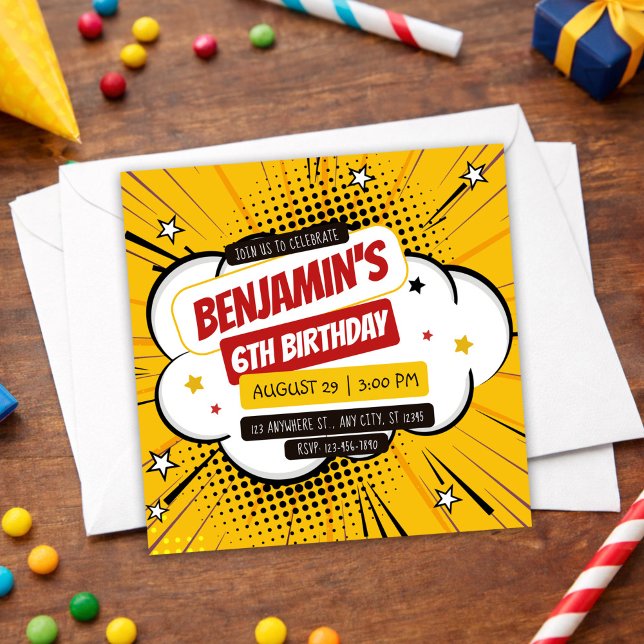 Orange Comic Superhero Pop Art Kids 6th Birthday Invitation (Orange Comic Superhero Pop Art Kids 6th Birthday Invitation, Boy Birthday Invite)