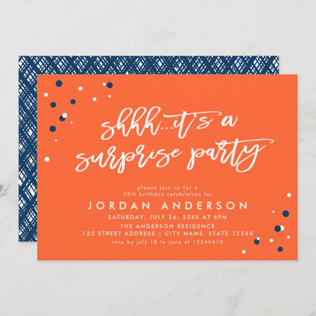 Orange Confetti It's a Surprise Party Birthday Invitation (Front/Back)