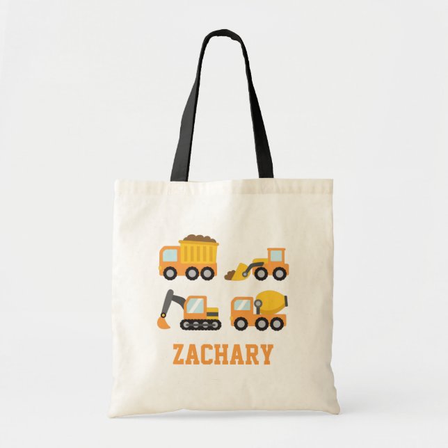 Orange Construction Vehicles Set Kids Personalised Tote Bag (Front)