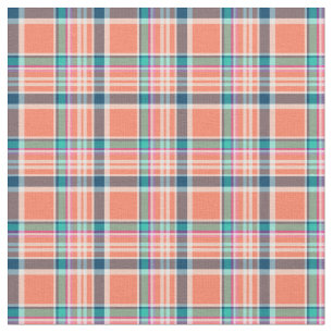 Orange Coral and Blue Girly Plaid Fabric