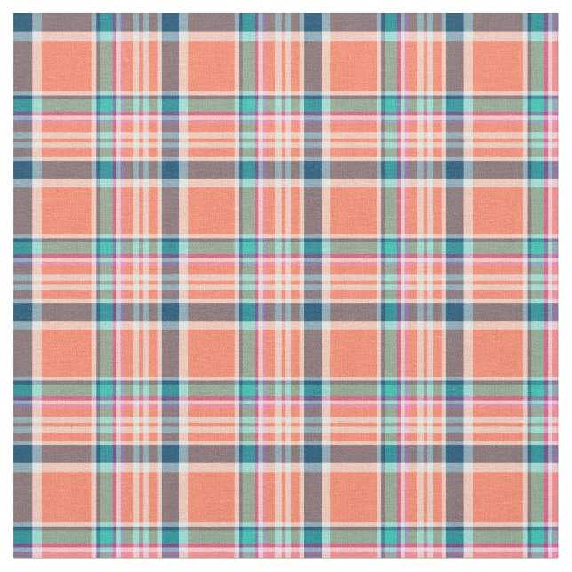 Orange Coral and Blue Girly Plaid Fabric (Close Up)